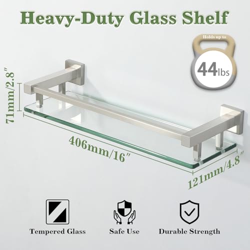 Alise Bathroom Glass Shelf with Stainless Steel Railing, Brushed Nickel Small Tempered Glass Floating Wall Shelf Over The Toilet, 16 inch - color: Brushed Nickel, size: 16 Inch