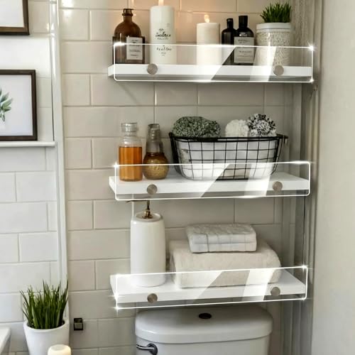 Over the Toilet Shelves - Wall Mounted Floating Shelves with Clear Acrylic Lip, 15.7" Rustic Farmhouse Bathroom Storage Shelves, 3 Pack White