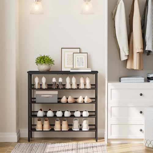 HOOBRO Shoe Rack for Entryway, 5-Tier Shoe Organizer with Adjustable Mesh Shelves, 12-16 Pairs of Shoes, Spacious Floor Mount, Metal, Industrial, Shoe Shelf for Closet, Black BB12XJ01 - color: Black + Black, size: 29.5"W x 11.8"D x 31.8"H