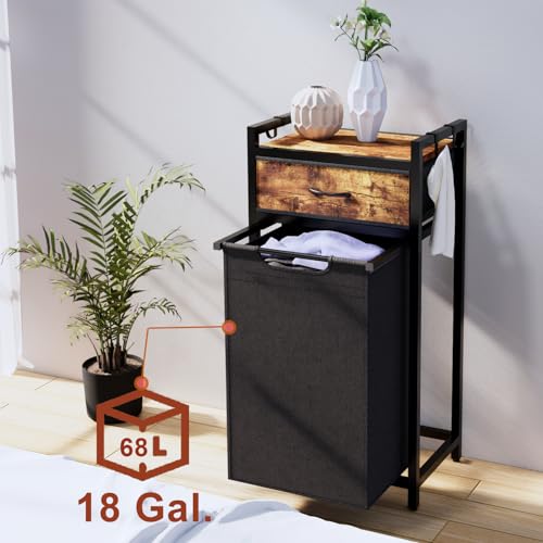 Timberer Laundry Hamper, Laundry Sorter, Rolling Laundry Basket with Drawer, 18 Gal (68 L), Pull-Out and Removable Oxford Fabric Bags, Black and Rustic Brown - color: Black + Rustic Brown, size: 1 Bags (16.9"L x 11.8"W x 39.6"H)