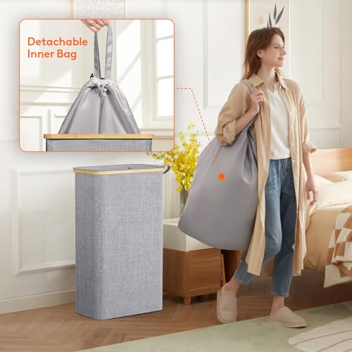 Lifewit 75L Slim Laundry Hamper with Lid, Narrow Laundry Basket with Removable Bag & Bamboo Handles, Fodable Thin Dirty Clothes Hamper for Laundry Collapsible Bin for Bathroom Bedroom Dorm, Gray - color: Gray, size: 75L