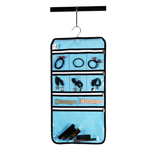 Travel Foldable Jewelry Rolls Bag Hanging Jewelry Organizer with 9 Zippered Clear Pockets Storage Pouch with Rotatable Hanger (BLUE) - color: BLUE