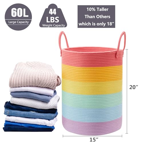 Rainbow 15"Dx20"H Baby Girls Kids Laundry Hamper Basket for Nursery Toddler Clothes Blanket Toy Storage Woven Rope Unicorn Hamper in Playroom Bedroom 60L Large - color: Rainbow, size: Large (60L)