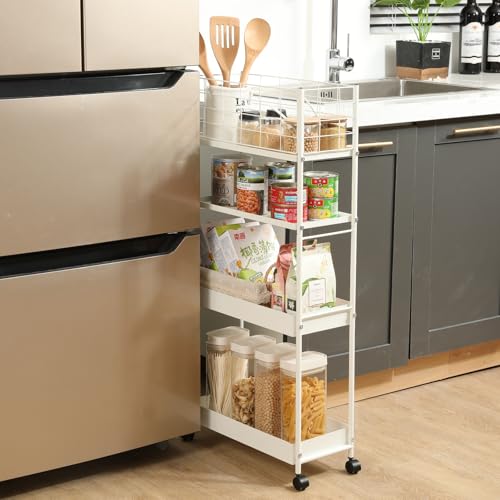 KINGRACK Slim Rolling Storage Cart 4 Tier - Heavy Duty Metal Utility Cart with Raised Edge & Wheels, Narrow Mobile Organizer Shelves for Bathroom, Kitchen, Laundry, Office, Living Room, White - color: White, size: 4-Tier