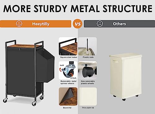 Laundry Hamper with Rustic Brown Lid & Wheels; 96L Large Rolling Laundry Basket with Removable Oxford Liner Bag; Tall Freestanding Dirty Clothes Hamper with Side Pocket; Metal Frame Laundry Cart - color: Black