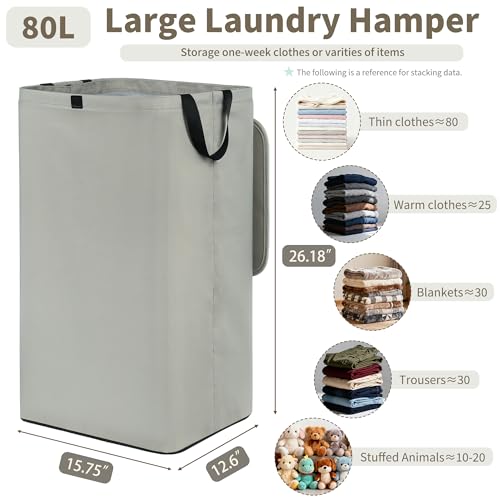 80L Large Laundry Hamper with Lid, Foldable Laundry Bag for Washing Machine with Removable Inner Bag, Dirty Hampers for Bedroom, Bathroom,Laundry Room, College (Grey) - color: Grey