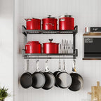 19"- 30" Expandable Hanging Pot Rack, 2 Tier Heavy Duty Wall Mounted Pots and Pans Organizer with 10 Hooks and 5 Pot Lid Holders, Pot Hanger Shelf for Kitchen Cookware Utensils Organizers and Storage