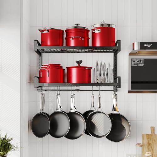 19"- 30" Expandable Hanging Pot Rack, 2 Tier Heavy Duty Wall Mounted Pots and Pans Organizer with 10 Hooks and 5 Pot Lid Holders, Pot Hanger Shelf for Kitchen Cookware Utensils Organizers and Storage