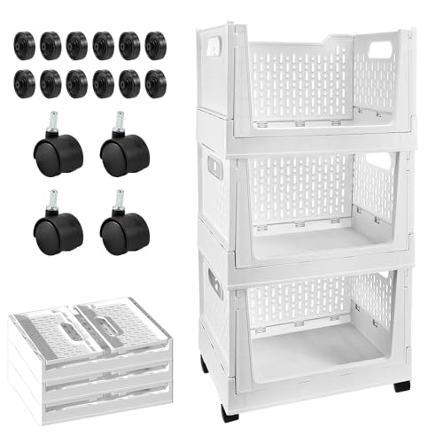 Stackable Plastic Storage Basket, 3 Pack Foldable Closet Organizers and Storage Bins with Wheels, Collapsible Drawer Shelf Storage Box Container for Office Bedroom Closet Wardrobe Kitchen Bathroom - color: White
