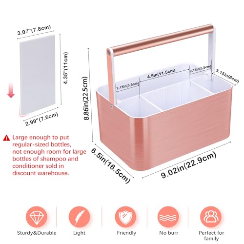 BYUNER Compact Shower Caddy Dorm - Portable Bathroom Caddy Organizer with Handle and Adjustable Divider for College Dorm & Shared Bathroom, Hard Plastic Shower Basket Tote for Toiletry Drainage, Pink - color: Rose Gold