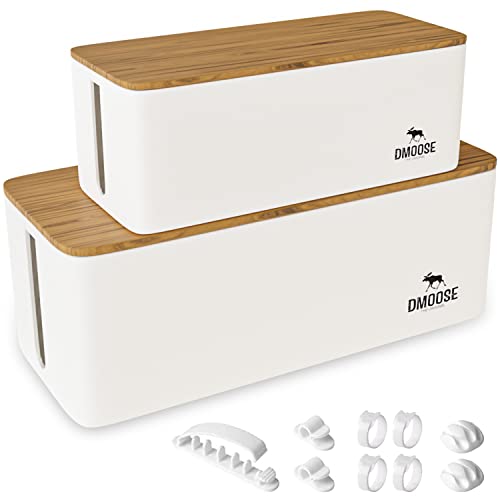 DMoose Cable Management Box - 2 Pack Medium & Large Cord Organizer for Desk & Floor, Cable Organizer Box for Child & Pet - Cable Box Hider for Tidy Office & Home (Wood Print Lid, White Box, Pack of 2) - color: Pack of 2 - Wooden Print