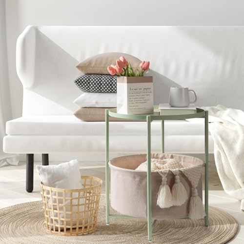 danpinera Round Side Table with Fabric Storage Basket, Metal Side Table Small Bedside Nightstand with Removable Tray Top for Living Room, Bedroom, Nursery, Laundry, Light Green - color: Light Green
