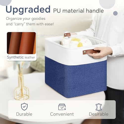 FinishingBo Cube Storage Baskets 6 Pack, 11x11 inch Cube Storage Bins with Leather Handles for Shelf Closet (White/ Blue) - color: White/ Blue