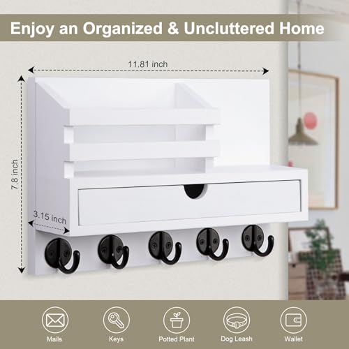 Key Holder Wall Mount, Mail Holder with Storage Drawer and 5 Key Hooks for Coat, Dog Leash, Home Decor Rack, House Accessories, Entry Way Organizer - color: White, size: Standard - 11.8 Inch