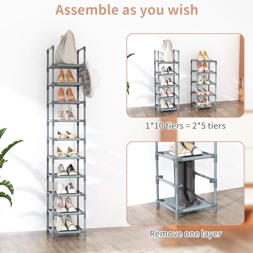 LANTEFUL Narrow Shoe Rack 10-Tier Tall Shoe Organizer Skinny Shoe Shelf Storage for 10-15 Pairs Shoe and Boot, Space Saving Corner Shoe Rack Organizer for Closet, Entryway, Living Room, Grey - color: Grey, size: 10 tiers