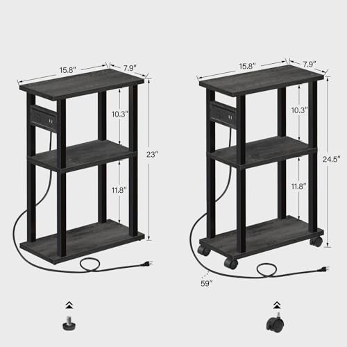 TUTOTAK Small Narrow Side Table with Charging Station, Set of 2, Skinny End Table for Small Spaces, Slim Nightstand with USB Ports and Outlet,Sofa Beside Table with Wheels, Charcoal Grey TB01BY047 - color: Charcoal Grey, size: 2 PC, style: With Plug