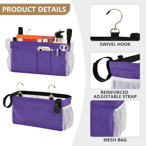 Dark Purple Bedside Caddy Storage Bag Bedside Organizer for Bunk Bed Headboards College Bedside Shelf Hanging Organizer 6 Pockets with Hooks for Magazine Water Bottle Holder - color: Dark Purple