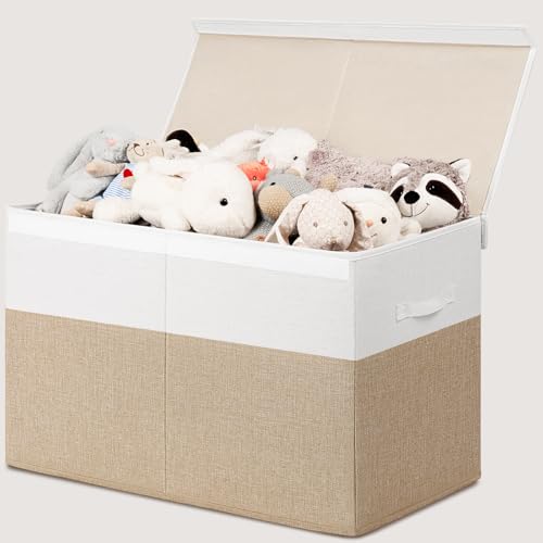 INDRESSME Large Toy Box with Lid, Collapsible Toy Storage Organizer Chest with Divider, Foldable Toy Bin for Kids Boys Girls Playroom Nursery Bedroom Living Room 25"x16"x13" (Beige & White) - color: Beige & White, size: 25"x13"x16"