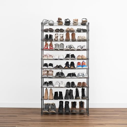 SafeRacks 10-Tier Shoe Rack - Black, Large Shoe Storage Organizer, 60 Pair, Heavy Duty Shoe Stand with Vertical Free Standing Shoe Shelf, Perfect for Entryway, Closet, Garage, & Bedroom Storage - color: Black, size: 14"x36"x68" 10-Tier