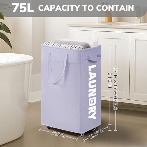 Goodpick Laundry Basket with Wheels,75L Collapsible Laundry Baskets with Removable Wash Bag, Clothes Laundry Hamper on Wheels, Light Purple - color: Light Purple 1-Pack