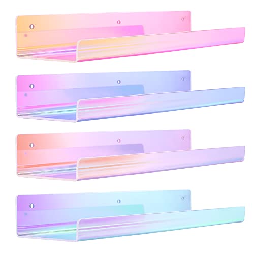 upsimples Acrylic Shelves for Wall Decor, 15" Display Shelf for Perfume, Skincare, Nail Polish, Wall Organizer for Bathroom, Bedroom, Living Room, Playroom, Kids Bookshelf, Iridescent, 4 Pack - color: Iridescent
