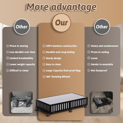 Bamboo Under Bed Storage Containers with Wheels, 2 Pack Large Under the Bed Shoe Storage Bins, Wood Rolling Underbed Drawers Organizer for Bedroom Closet Clothes Blanket Under Crib Toy Black - color: Black, size: 2 PCS (33.07"×16.54")