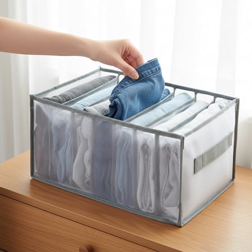 1 Pack Wardrobe Clothes Organizer, Clear Drawer Organizer with 7 Grids Divider for Clothing Jeans, Closet Bedroom Dorm Room, Grey - color: 7 Grids Grey