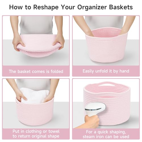 Small Rope Baskets for Storage, Baskets for Gifts Empty, Cute Round Woven Basket, Decorative Shelf Baskets 9.82×9.82×7.1", Cotton Toy Basket Storage Bins for Organizer 3 Packs-Pink - color: Pink-3PCS