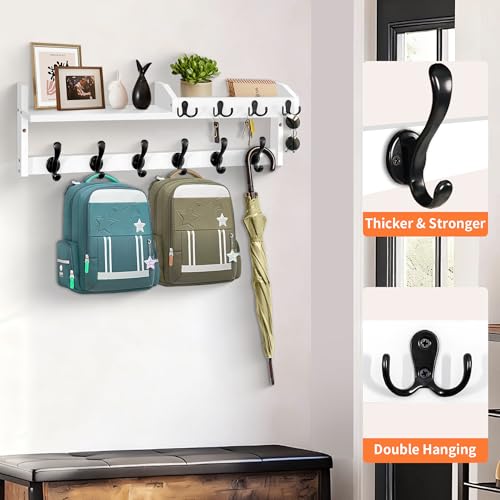 Coat Rack Wall Mount with Shelf, 27.5" Entryway Wall Hanging Shelf, Coat and Key Hanger with 10 Dual Hooks, Mail Organizer and Key Holder Hat Rack for Wall, Wood Coat Hooks with Storage - color: White