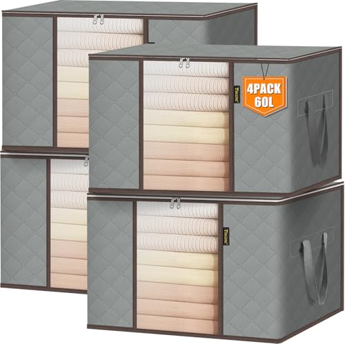 BALEINE 4 Pack Clothes Storage Bags, 16 Gallon Storage Containers with Reinforced Handle, Sturdy Zipper, Closet Organizer for Blanket, Comforter, Pillow, Bedding (Grey, 4 Pack) - color: Grey, size: 4 Pack-16 Gallon