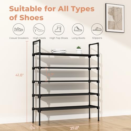 LANTEFUL 5 Tier Shoe Rack for Closet Shoe Organizer with 5 Hooks, Long Shoe Shelf Storage for Shoe and Boot Stackable Free Standing Shoe Rack for Entryway, Garage, Small Spaces, Dorm, Black - color: Black, size: 27.8"W - 5 Tier
