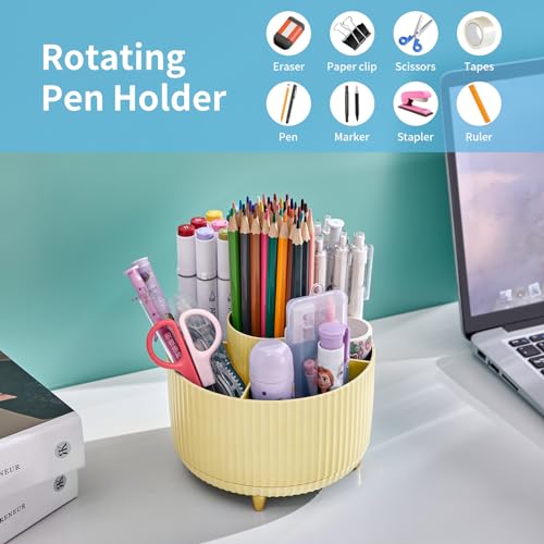 Marbrasse Desk Organizer, 360-Degree Rotating Pen Holder, Desk Organizers and Accessories with 5 Compartments Pencil Holder, Art Supply Storage Box Caddy for Office, Home (Yellow) - color: Yellow