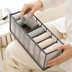 Wardrobe Clothes Organizer for Drawers - 7 Grids Mesh Pants Storage Box, Foldable Closet Compartment Separators for Jeans, T-Shirts, Leggings & Sweaters, Washable Clothing Divider (Gray, 1 Pack)