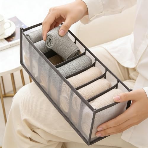 Wardrobe Clothes Organizer for Drawers - 7 Grids Mesh Pants Storage Box, Foldable Closet Compartment Separators for Jeans, T-Shirts, Leggings & Sweaters, Washable Clothing Divider (Gray, 1 Pack)