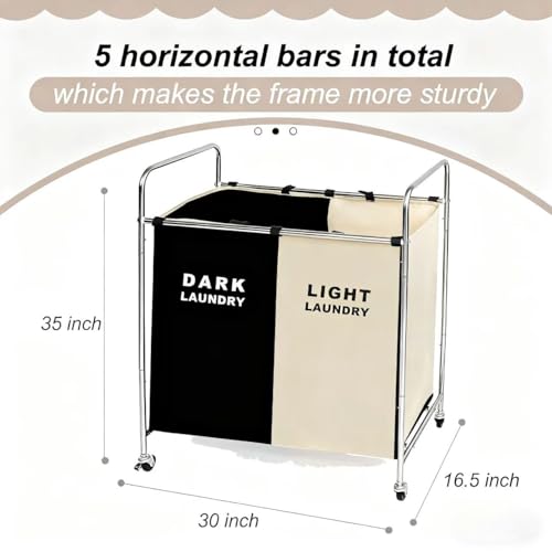 Double Compartment Rolling Laundry Sorter Cart with Wheels, Dark and Light Separation Hamper, Chrome Frame, Mobile Clothes Storage Organizer(Black+white, 2 Sections)
