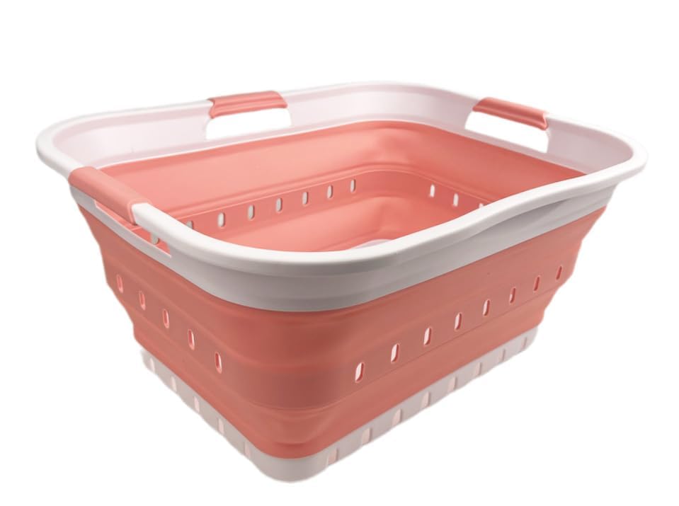 SAMMART 42L (11 gallon) Collapsible Plastic Laundry Basket - Foldable Pop Up Storage Container/Organizer - Space Saving Hamper/Basket (1, White/Quartz Pink) - color: White/Quartz Pink