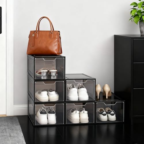 Shoe Boxes Shoe Storage Boxes Display Boxes with Magnetic Doors and Stackable Design, Ideal for Hallways, Under Beds, Wardrobes, and Living Rooms (Magnetic Door-Black, 6 Pack) - color: Magnetic Door-Black, 6 Pack