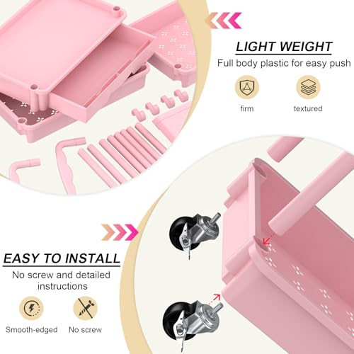Goovilla 4 Tier Rolling Utility Cart Organizer with Removable Drawer, Stable and Sturdy Pink Rolling Storage Carts with 2 Lockable Wheels for Bathroom, Kitchen, Snack, Craft, Makeup, Baby Essentials - size: 4 Tier, style: Pink