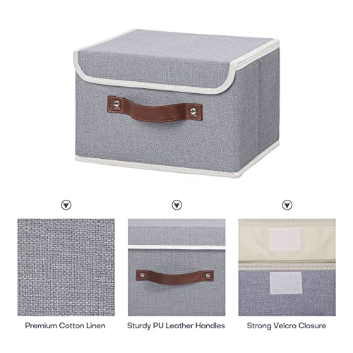 ANMINY Storage Bin with Lid Storage Boxes with PU Leather Handles PP Plastic Board Decorative Foldable Lidded Cotton Linen Fabric Home Cubes Baskets Closet Organizer Container - Gray, Small Size - color: Gray, size: Small (Pack of 1)