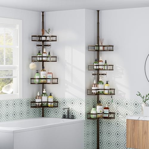 HEVEL Corner Shower Caddy Tension Pole, 4 Tier Adjustable Shower Organizer Corner 62-115 Inch, Rustproof Bathroom Shower Shelves for Bathtub Storage,Bronze - color: Bronze