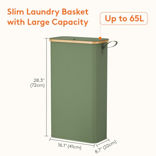 Lifewit 65L Slim Laundry Hamper with Lid, Narrow Laundry Basket with Removable Bag & Bamboo Handles, Fodable Thin Dirty Clothes Hamper for Laundry Collapsible Bin for Bathroom Bedroom Dorm, Green - color: Green, size: 65L