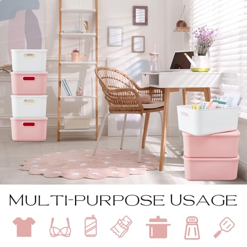 Hoolerry 8 Pieces Colorful Storage Bins with Lid, Plastic Storage Basket Organizing Container Stackable Box with Handle for Shelves Desktop Playroom Office(13.8 x 9.8 x 5.9 Inch,White and Pink) - color: White and Pink, size: 13.8 x 9.8 x 5.9 Inch