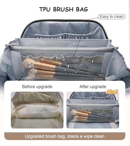 BOYATU Travel Makeup Bags Cosmetic Organizer Bag: 3 Pcs Set Large Capacity Floral Make up Bag with Compartments - Waterproof Leather Toiletry Bags with Handle for Women (19-Brown) - color: 19-Brown