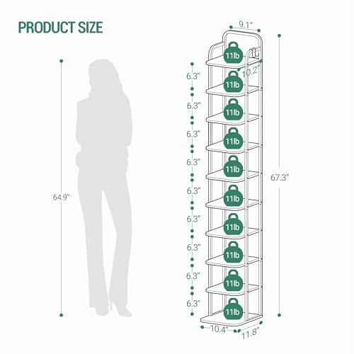Hzuaneri 10 Tiers Vertical Shoe Rack, Narrow Shoe Tower, Tall Shoes Shelf with 2 Hooks, Adjustable Shelves, Corner Shoes Shelves for Small Spaces, Entryway, Living Room, Greige SR11205B - color: Greige and Black, size: 10 Tier(11.8"D x 10.4"W x 67.3"H)