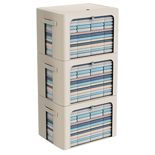 CYhom 3Pack Frame Storage Box - Clothes Storage Bin Bags Oxford Fabric Foldable Stackable Container Organizer Set with Clear Window & Carry Handles Large Capacity (Beige, Extra Large-100L) - color: Beige, size: Extra Large-100L