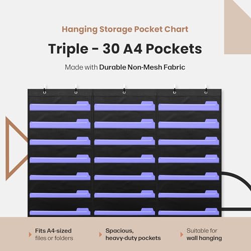 Hippo Creation Heavy Duty Storage Pocket Chart for Classroom, 30 Pocket Storage Organizer with 5 Over-Door Hangers, Hanging Wall Organizer for File Folders, School Mailbox, Home Office Papers - Black - color: Black - 30 Pockets