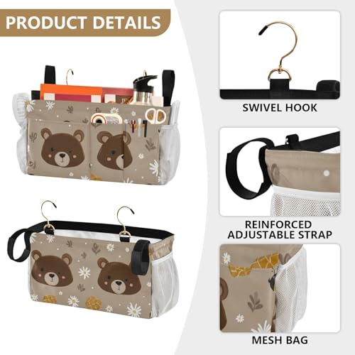 Bedside Caddy Metal Frame Hanging Organizer Bunk Bed Dorm Accessories Hook And Loop Storage Bag Large Pockets Brown Bear Bees Honey - color: Brown Bear Bees Honey