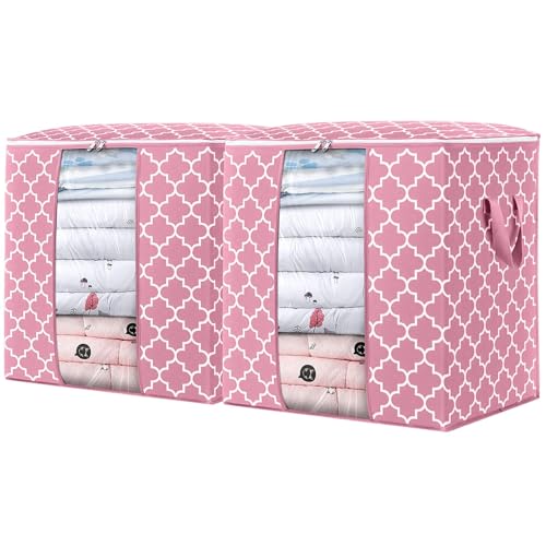WISELIFE Storage Bags 2 Pack/100L Large Blanket Clothes Organization and Storage Containers for Comforters,Bedding, Foldable Organizer with Reinforced Handle, Clear Window, Sturdy Zippers,Pink - color: Pink, size: 2x 100L