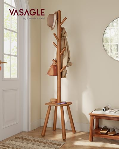 VASAGLE Coat Rack, Free Standing Coat Stand, Hall Coat Tree with 8 Hooks and Storage Shelf, 69.2 Inch Tall, for Coats, Hats, Bags, for Entryway, Hallway, Bedroom, Caramel Brown URCR033K01 - color: Caramel Brown, style: round tray