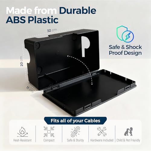 Cable Management Box with Included Mounting Hardware – ABS Cord Organizer (12,7 x 7,8 x 4,5 in) | Heat-Tolerant Power Strip & Cable Storage | Wall-Mountable or Floor Use - color: Black